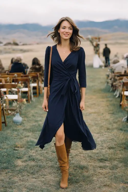 A woman in a navy wrap midi dress with 3_4 sleeves and a flowy hemline, styled with tall tan boots and a leather crossbody, walking through an open-air countryside ceremony space