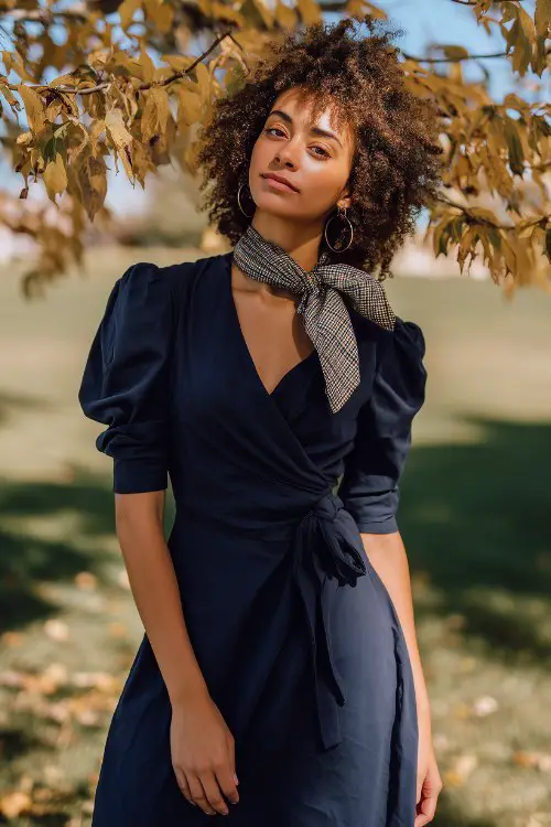 A woman in a navy wrap midi dress with puff sleeves and velvet texture, styled with a light plaid scarf