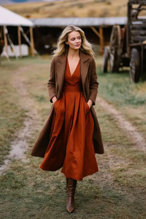 A woman in a rust A-line dress with long sleeves and a V-neckline, styled with heeled boots and a structured wool coat, walking through a rustic outdoor wedding venue