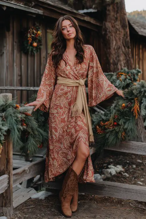 A woman in a rust paisley print maxi dress with flared sleeves and a gathered waist, styled with brown western boots and a wool shawl