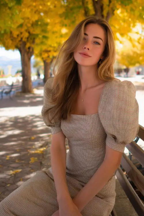 A woman in a soft taupe midi dress with a subtle check pattern and puff shoulders