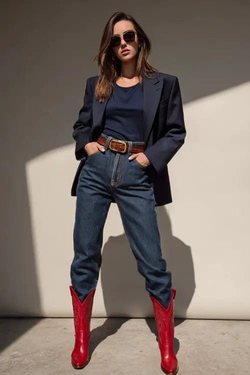 A woman in a tailored navy sport coat high-waisted straight-leg jeans, a navy top and red cowboy boots