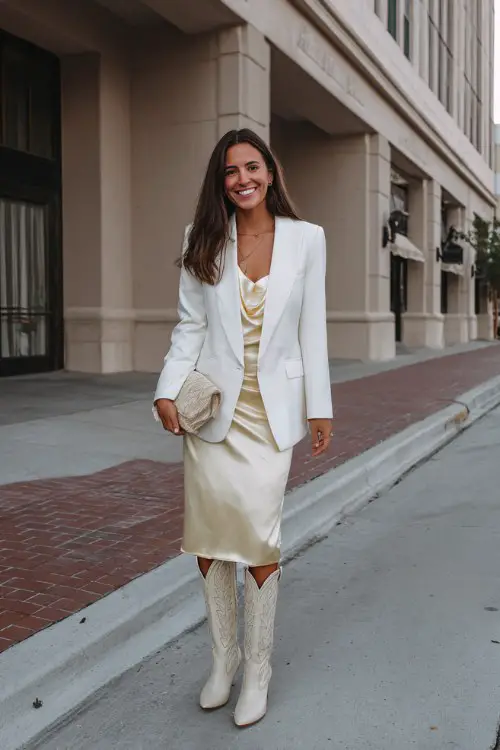 A woman in a white sport coat styled with a satin slip skirt and tall beige cowboy boots, carrying a soft clutch for an elegant brunch outfit