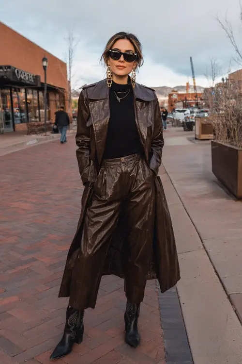 A woman in an art district wearing a long faux leather trench coat, high-waisted trousers, thermal top, and sharp black cowboy boots