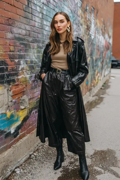 A woman in an art district wearing a long faux leather trench coat, high-waisted trousers, thermal top, and sharp black cowboy boots