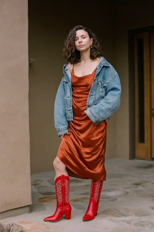 A woman in her 30s wears red cowboy boots, a rust satin slip dress, and a cropped denim jacket