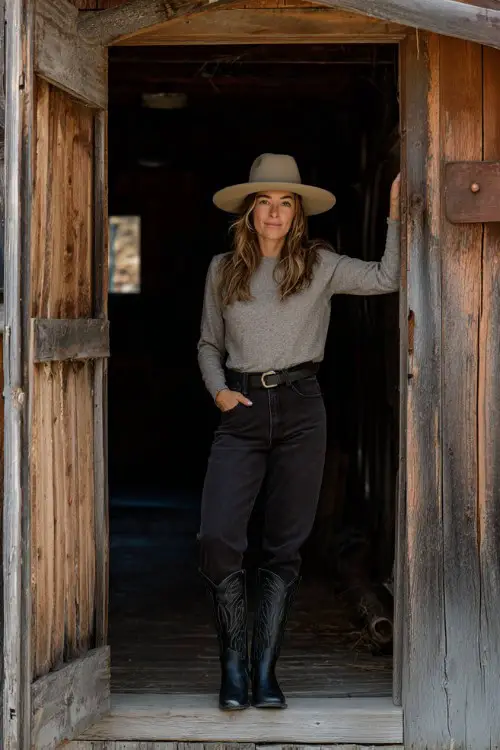 A woman in her 30s wears skinny jeans tucked into tall black cowboy boots, a gray flannel, and a beige felt hat