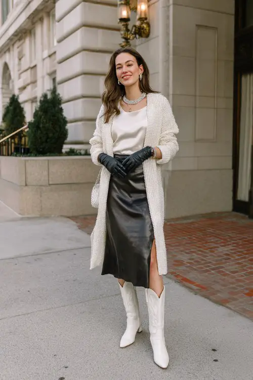 A woman meeting friends for dinner in a pearl-embellished long cardigan, satin midi skirt, and sleek white cowboy boots