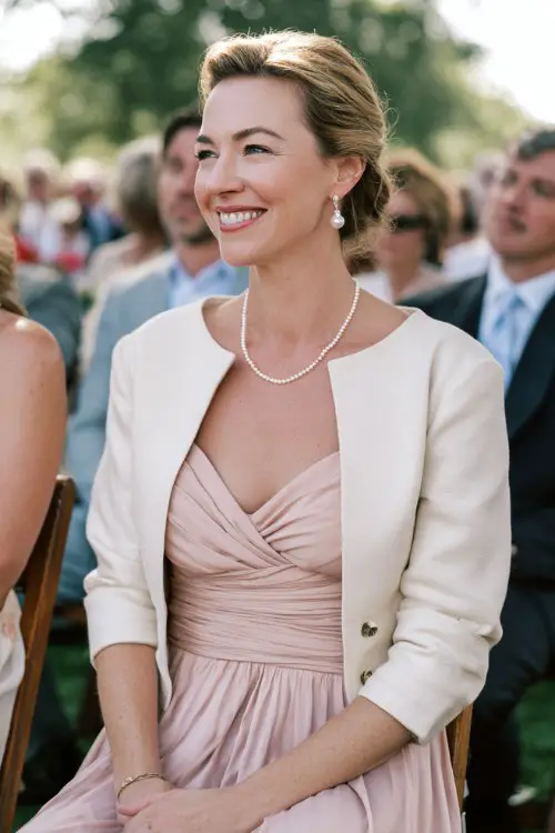 A woman over 30 wears a blush pink A-line dress with pleats, styled with a cream cropped jacket and pearl jewelry