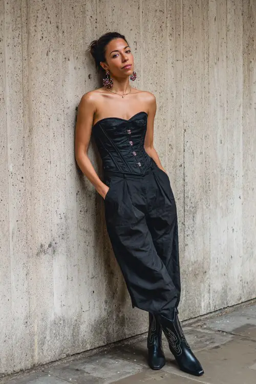 A woman over 30 wears a monochrome black outfit with a structured corset-style top and wide-leg trousers, styled with black cowboy boots and bold earrings