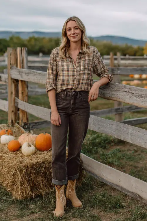 A woman over 30 wears bootcut jeans, a plaid button-up shirt tucked in, and tan suede cowboy boots