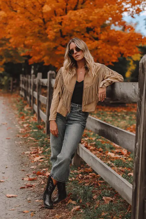 A woman over 30 wears cuffed jeans, black cowboy boots, and a tan fringe jacket