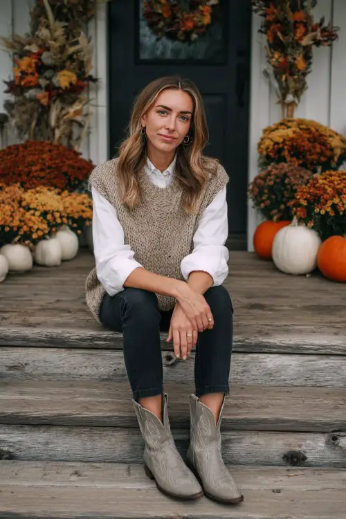 A woman over 30 wears skinny black jeans, a warm taupe sweater vest layered over a white blouse, and grey cowboy boots