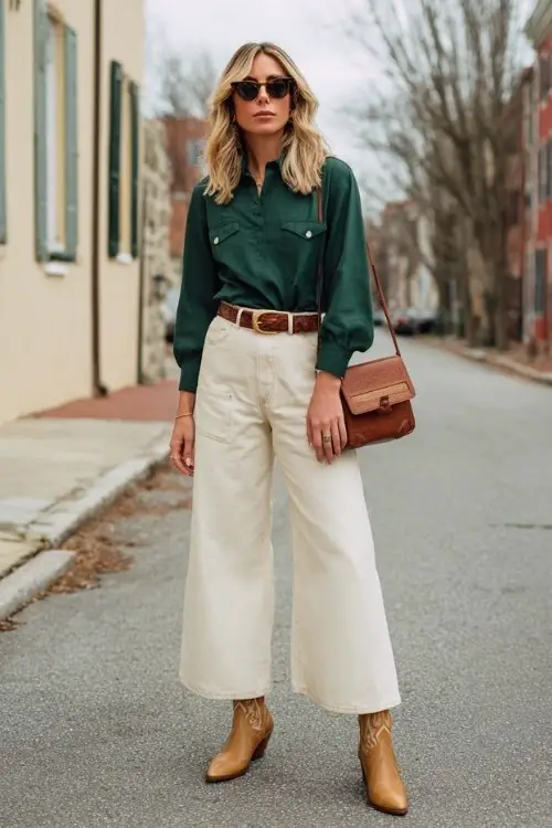 A woman over 30 wears wide-leg cream pants tucked into tan cowboy boots, styled with a forest green blouse and leather crossbody bag