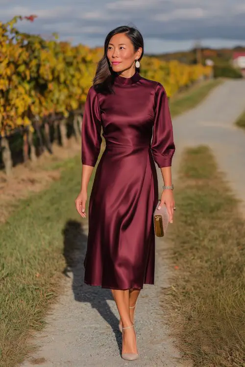 A woman over 40 in a burgundy satin tea-length dress with subtle pleating and a mock neck, holding a clutch