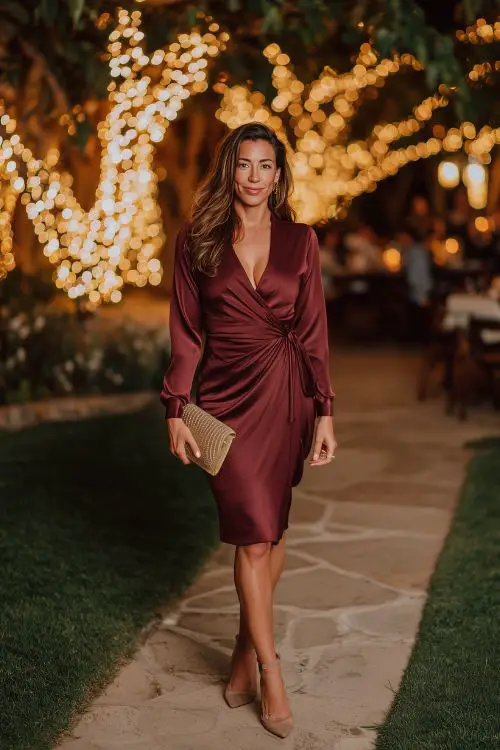 A woman over 40 wearing a burgundy wrap dress with long sleeves and a soft sheen, styled with heels and a structured clutch, standing under twinkle lights at a charming garden wedding