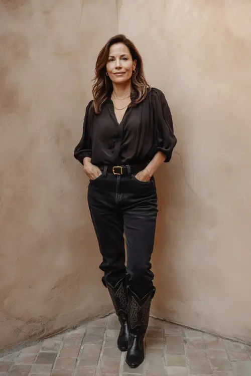 A woman over 40 wears a flowing black chiffon blouse with tailored black jeans, styled with black cowboy boots and a polished belt