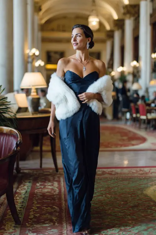 A woman over 40 wears a navy floor-length gown with a fitted bodice