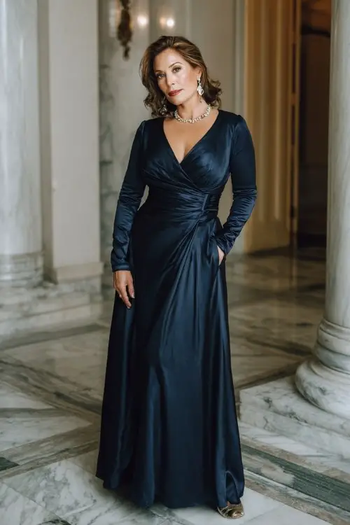 A woman over 40 wears a navy satin A-line gown with a draped bodice and long sleeves