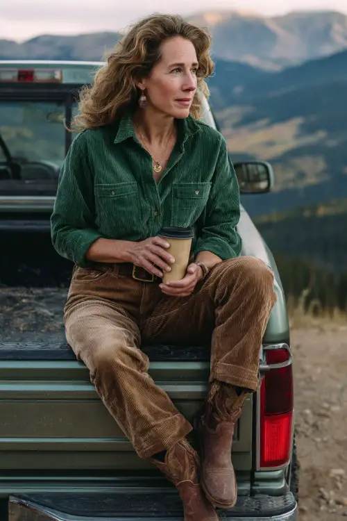 A woman over 40 wears bootcut jeans, a deep green button-down corduroy shirt, and brown classic cowboy boots