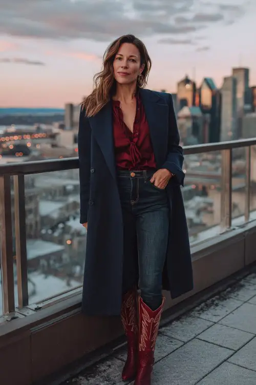 A woman over 40 wears red cowboy boots with dark skinny jeans, a silk burgundy blouse, and a tailored navy coat