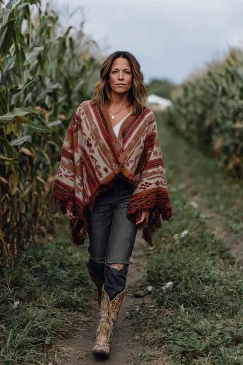 A woman over 40 wears straight-leg jeans, a cozy poncho with fringe, and snakeskin-print cowboy boots