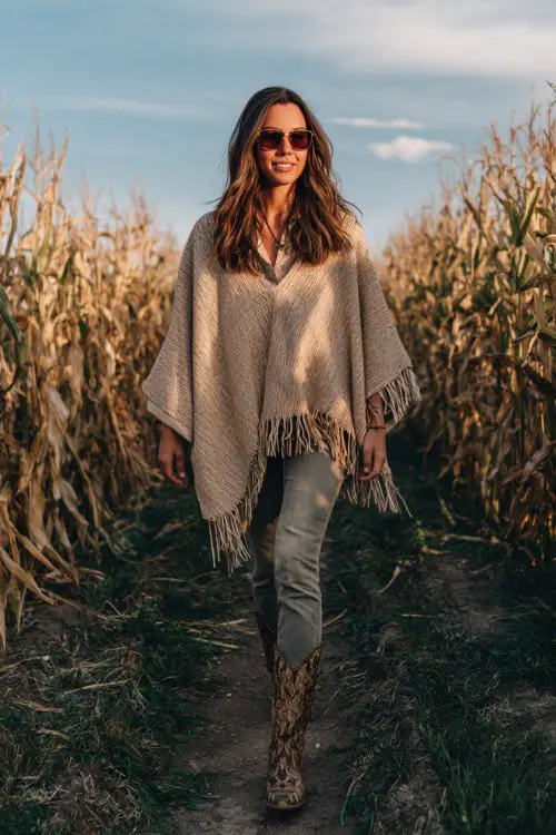 A woman over 40 wears straight-leg jeans, a cozy poncho with fringe, and snakeskin-print cowboy boots