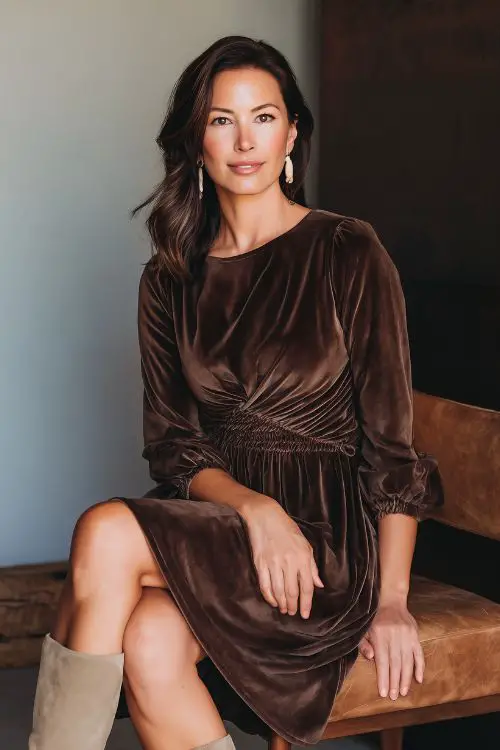 A woman over 50 wears a chocolate brown velvet dress with long sleeves and a flattering gathered waist