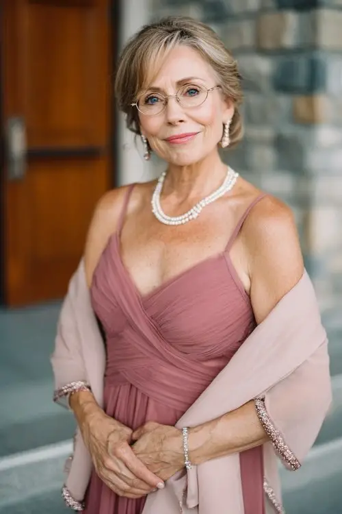 A woman over 50 wears a dusty rose chiffon gown paired with a beaded shawl