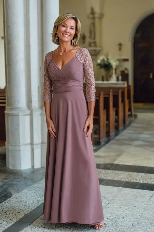 A woman over 50 wears a floor-length mauve gown with lace sleeves and a flattering empire waist