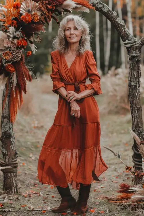 A woman over 50 wears a rust tiered wedding guest dress with long sleeves and brown boots
