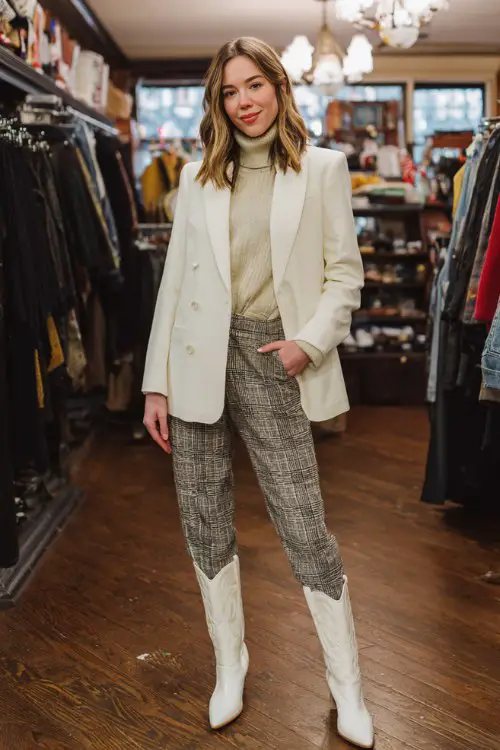 A woman shopping at a winter boutique wearing a cream wool blazer layered over a cozy turtleneck, plaid pants, and structured white cowboy boots