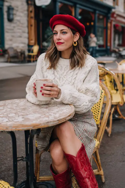 A woman sipping hot chocolate at an outdoor café wearing a cream cable-knit sweater, plaid A-line skirt, thermal leggings, and red cowboy boots
