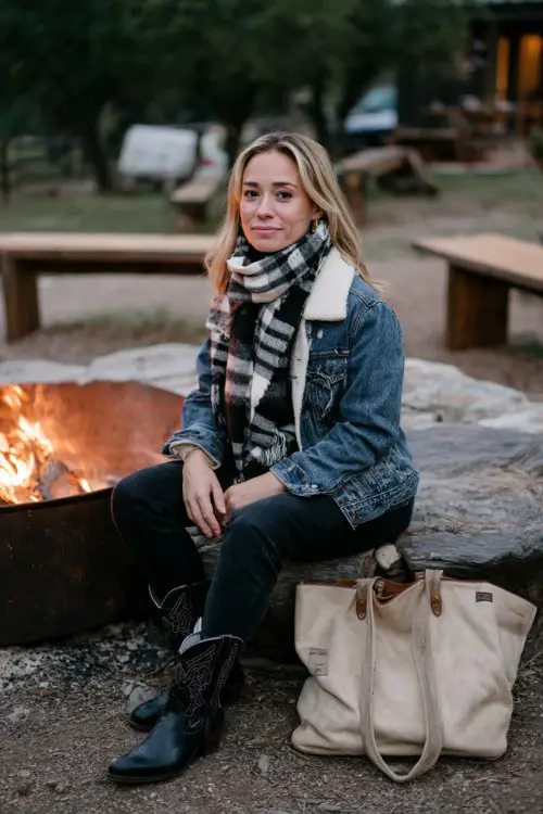 A woman sitting by a fire pit in a wool-lined denim jacket, plaid blanket scarf, black jeans, and classic black cowboy boots with a suede tote bag