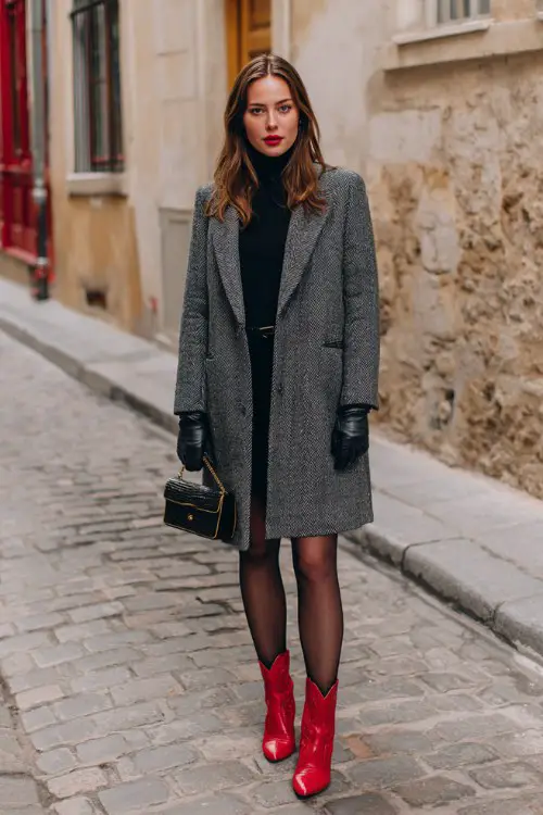 A woman standing on a cobblestone street in a gray oversized wool coat, black turtleneck dress, sheer tights, and striking red cowboy boots, paired with leather gloves