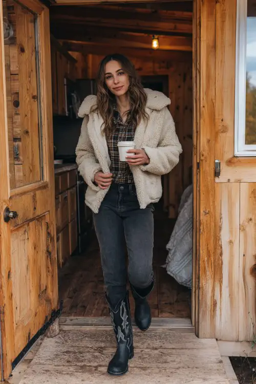 A woman stepping out of a cabin in a cream fur jacket, dark jeans, plaid shirt, and rugged black cowboy boots