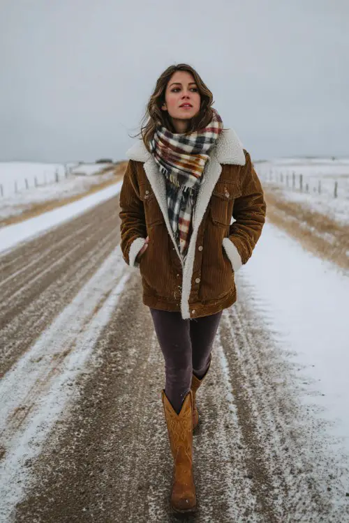 A woman strolling through a snowy ranch road in a shearling-lined corduroy jacket, high-rise fleece leggings, an oversized flannel scarf