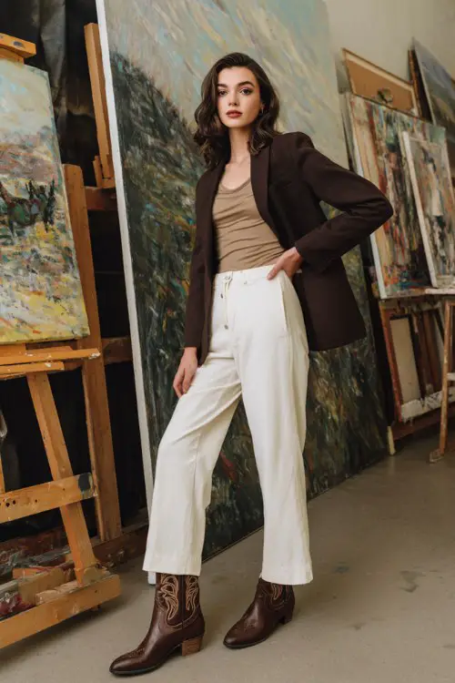 A woman styling a crop sport coat with neutral top, wide-leg trousers over tall brown cowboy boots