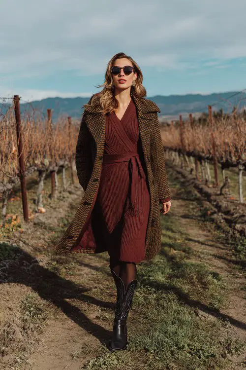 A woman touring a winter vineyard in a wine-colored knit midi dress, belted pea coat, and glossy black cowboy boots with warm wool tights