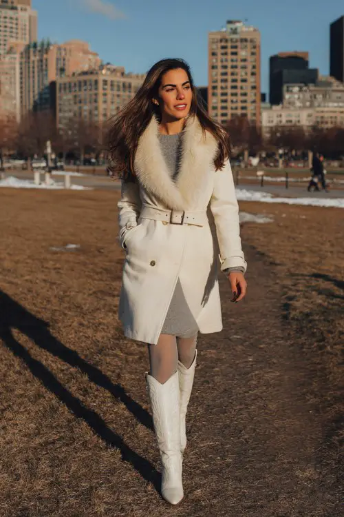 A woman walking through a city park in a cream belted coat over a soft gray sweater dress, fleece-lined tights, and tall white cowboy boots