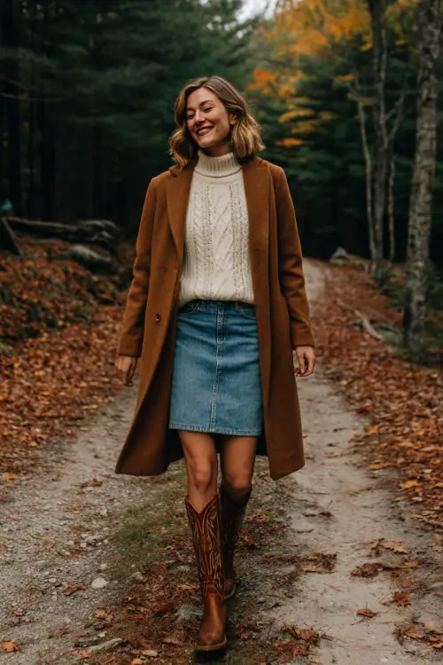A woman wearing a caramel wool coat layered over a cream cable-knit sweater, denim midi skirt, and tall brown cowboy boots