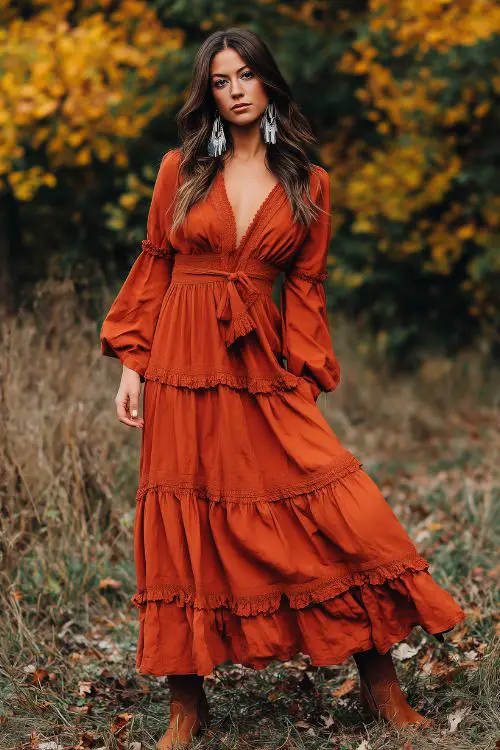 A woman wearing a long-sleeve burnt orange boho maxi dress with tiered ruffles and a lace-trimmed V-neckline, paired with ankle boots and feather earrings (2)