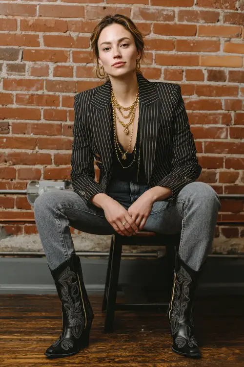 A woman wearing a pinstripe sport coat over a silk blouse and skinny jeans, paired with black cowboy boots and gold necklaces for business casual flair