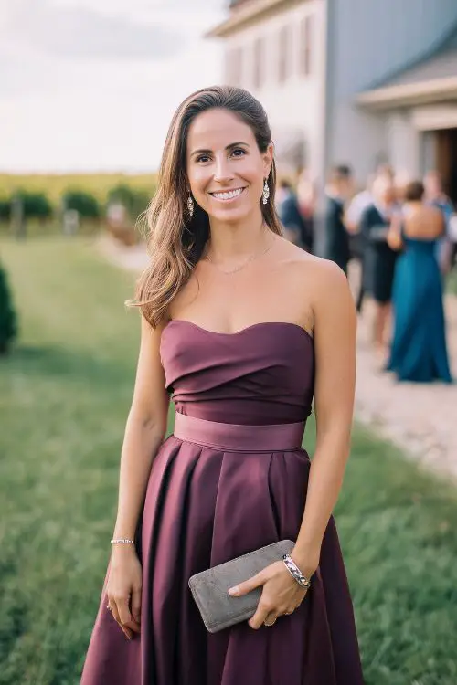 A woman wearing a plum-colored A-line gown with a satin belt and structured shoulders, accessorized with silver jewelry and a small clutch