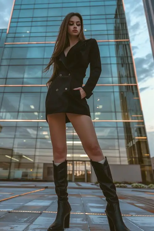 A woman wears a black blazer dress with tall black cowboy boots