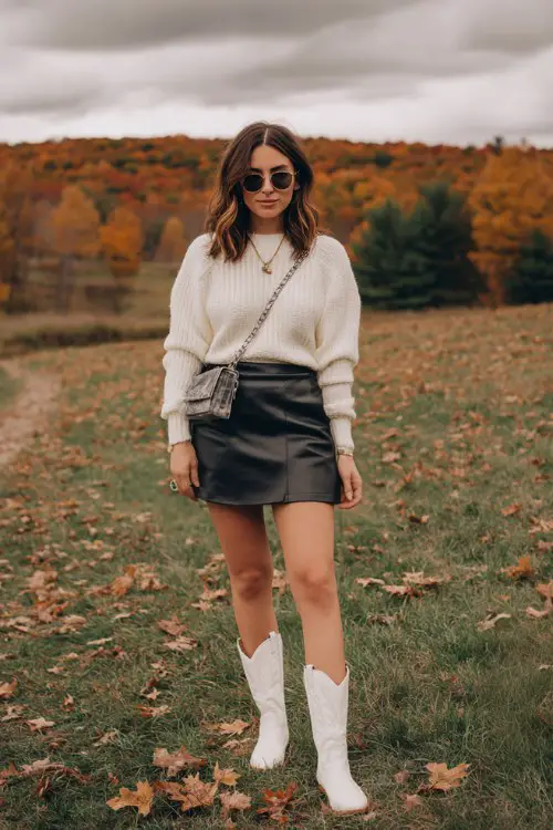 A woman wears a black faux-leather skater skirt with a cream knit sweater tucked in, paired with white cowboy boots and a crossbody bag