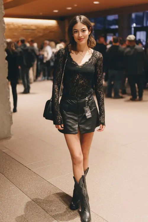 A woman wears a black lace long-sleeve top tucked into a high-waisted faux leather skirt, paired with black cowboy boots and a sleek crossbody bag