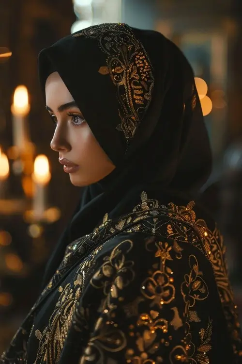A woman wears a black wedding guest dress with gold embroidery and a matching hijab