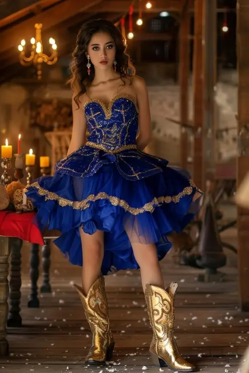 A woman wears a blue, embellished dress with golden cowboy boots