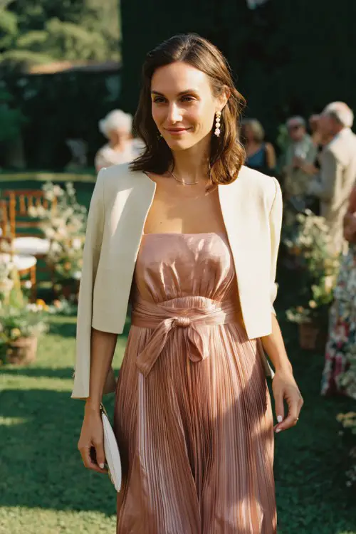 A woman wears a blush pink midi dress with pleated details, styled with a cream cropped jacket and pearl earrings